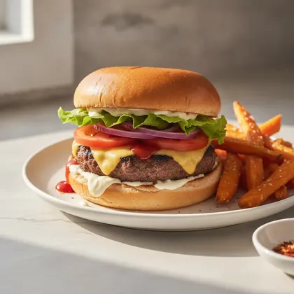 Burger mit Süßkartoffelpommes