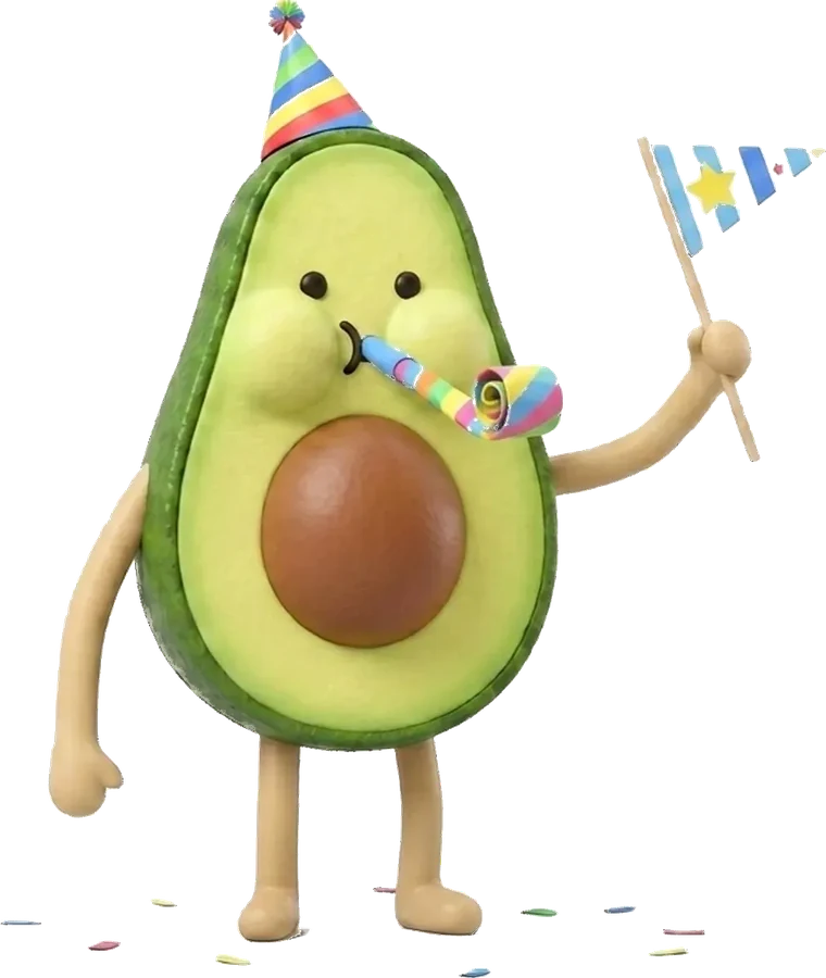 Avocado mit Partyhut und Tröte