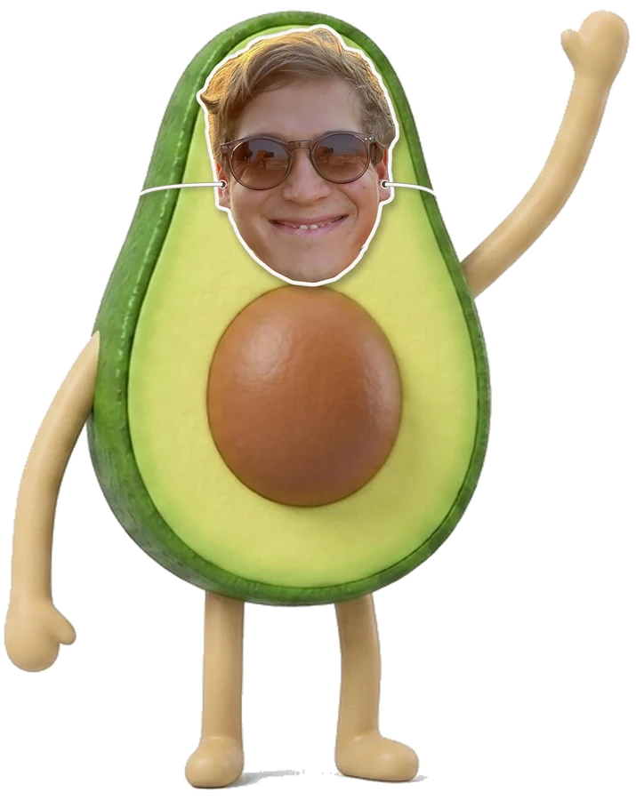 Winkende Avocado mit meinem Gesicht als Pappmaske